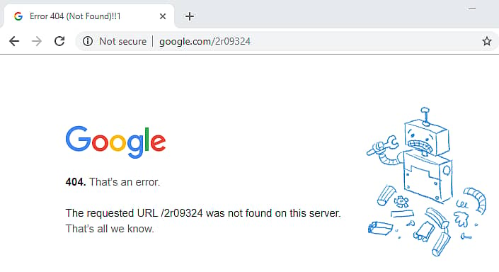 Error 404 (Not Found) example on Google
