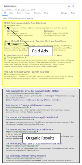 Example display of Google search results showing the difference between what Paid Ads look like vs Organic Results.  Paid Ads appear at the top of the results list and are indicated with the word "Ad".

